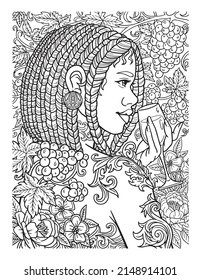 Afro American Woman Drinking Wine Adult Coloring Page