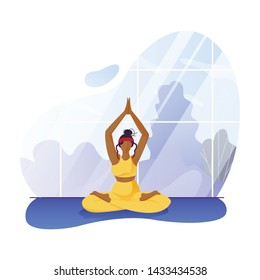 Afro American Woman Enjoying Rest and Meditating at Greenhouse Jungle Room. Happy Girl Relaxing, Doing Yoga and Stretching at Home Garden or Orangery. Vector Cartoon Flat Isolated Illustration