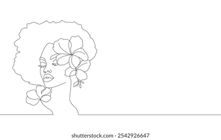 Afro amerikanische Frau Gesicht Silhouette eine Linie durchgehend. Linienkunst für weibliches Gesicht mit Blumen. Handgezeichnetes, ziemlich schwarzhäutiges Frauengesicht für Logo, Emblem, Webbanner. Flache Vektorgrafik.