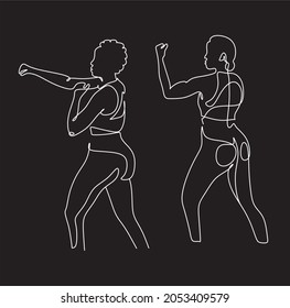 Afro american woman fighting, self defense lessons for women. Line drawing of boxing girl