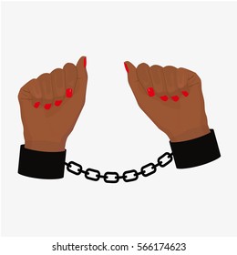 Afro american woman hands in chains. Isolated on white background. Flat vector stock illustration