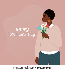Afro american woman holding a bouquet of spring flowers. International women’s Day concept. Vector illustration