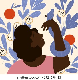 Afro american woman holding snake with tropical plants, fruits and oranges on background. Vector illustration. Template for poster, card