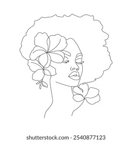 Afro American woman in line art style with flowers and leaves. Female's face continuous line art for logo, prints, posters, cosmetics, postcards. Afro woman's face with curly hair vector illustration.