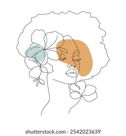  Afro American woman in line art style with flowers and leaves. Female's face continuous line art for logo, prints, posters, cosmetics, postcards. Afro woman's face in boho colors vector illustration