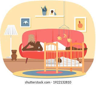 Afro american woman lying near cradle with child. Healthy kid, happy family, maternity leave and glad motherhood. Mother spends time at home with her baby. Girl in red dress near sleeping in bed child