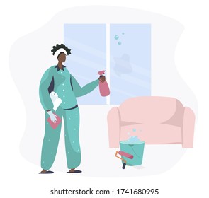 Afro American Woman Making Windows Cleaning at Home.Housewife Washing Windows at Home With Bucket and Wet Rag.Quarantine concept.Housework,Cleaning Service Worker.Domestic Work.Vector Illustration