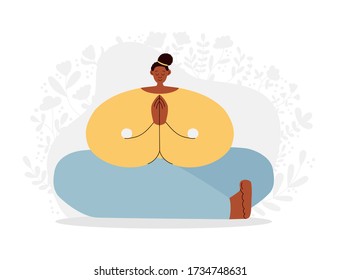 Afro American woman meditating in the Lotus position. Oversized girl doing yoga. African woman practising meditation in Padmasana pose. Modern flat illustration on yoga. Vector cartoon character. 