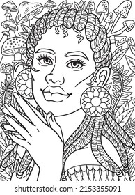 Afro American Woman Mushroom Adult Coloring