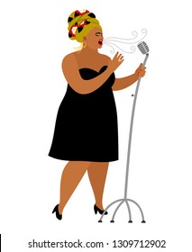 Afro american woman performance, songstress jazz vocal in microphone, singer entertainment, vector illustration