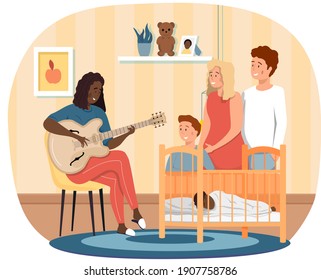 Afro American woman playing guitar. Mom singing to little child and other relatives at home. Mother puts baby to sleep. Musician plays strings on instrument. Family rest together and listens to music