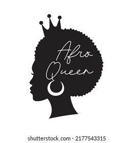 Afro American woman. Afro queen text. African girl simple drawing. Isolated on white. Side profile. Vector illustration.