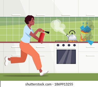 Afro american woman running with fire-extinguisher in hands semi flat vector illustration. Hand fire extinguisher using. Preventing kitchen fire 2D cartoon character for commercial use
