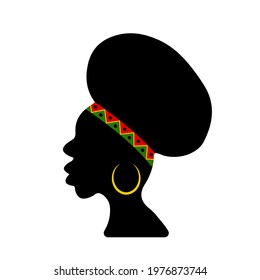 Afro American woman silhouette with traditional earring. Black woman profile isolated on white. Vector illustration.