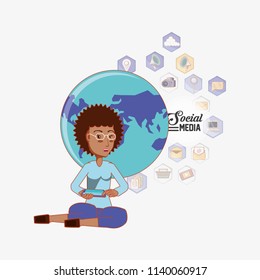 afro american woman sitting using phone world social media apps