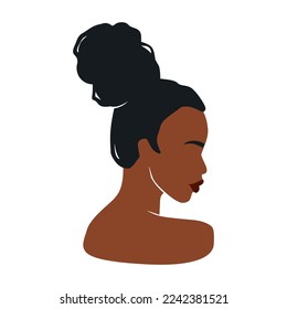 Retrato de ilustración del vector mujer afroamericana. Hermosa Chica De Piel Oscura. Curly Hair Bun.