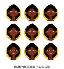 Afro American woman vector illustration. Black female in cartoon style with different facial expressions, emotions with curly hair.