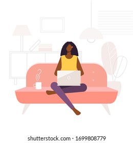 Afro American woman working online at home. Workplace at flat. Vector cartoon character - freelancer. Illustration in flat design. Social distancing and self-isolation during coronavirus quarantine