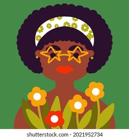 afro American woman's portrait with fruits and flowers for print and card conceptual vector illustration