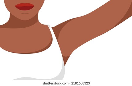 Afro American women armpit depilation illustration. Female armpit skin care. Deodorant hand zone, copy space. Isolated on white background hair epilation. Cosmetology process icon. Shave zone. Waxing svg