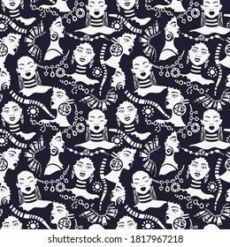 Afro American women and ethnic bijouterie seamless pattern. Black and white