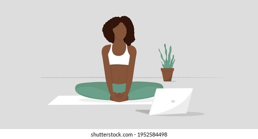Yoga afroamericano. Yoga en línea, ilustración vectorial, eps 10