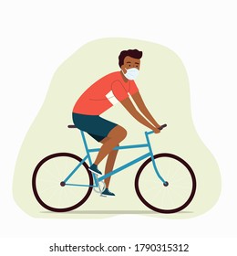 Afro American young man in the face mask on  bicycle  side profile view isolated. Vector flat illustration.