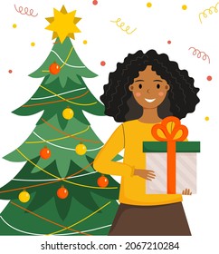 Afro american young woman with Christmas gift box is standing near Christmas tree. Christmas, New year mood. Vector illustration in flat style. 