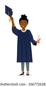 Afro american young woman college graduate in cap and gown with diploma. Cartoon vector character illustration on white background.