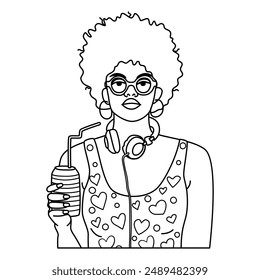 Afro american young woman vector avatar for social network. Straight pose portrait. Vector flat illustration in linear style. 