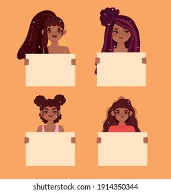 afro american young women portrait holding boards vector illustration