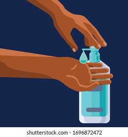 Afro arms disinfection on navy blue backdrop. Hand wash for social banner, hygiene propaganda, medical poster, web template. Chemist shop logo or info card. Minimal style stock vector illustration