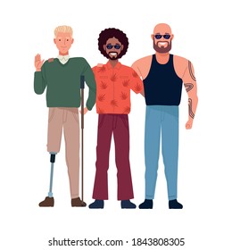 afro and bal men with man using prosthesis leg perfectly imperfect characters vector illustration design