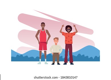 afro and basketball player men with shortman perfectly imperfect characters vector illustration design