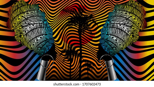 Afro batik optical art style, fabric printing. Portrait beautiful African woman in traditional turban, Kente head wrap, Traditional dashiki printing, black afro women ethnic vector silhouette, safari