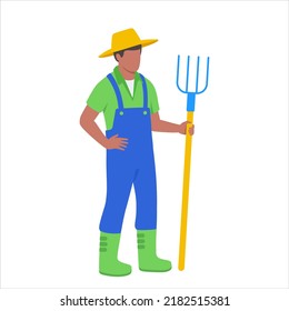 Afro Black Man Farmer With Pitchfork Vector Character