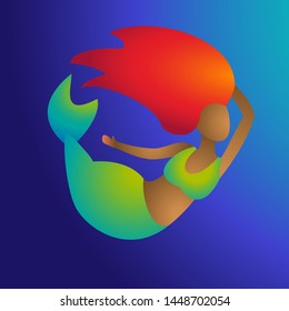Afro black redhead mermaid with green tail and brown skin in blue background. Young marine girl fish invites to deep in depth. Vector illustration in white background.