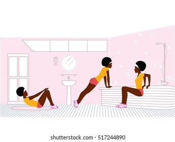 Afro black woman doing exercise workout in the bathroom. lockdown Home Gym Vector illustration.