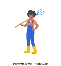 Afro Black Woman Farmer With A Pitchfork Vector Character 