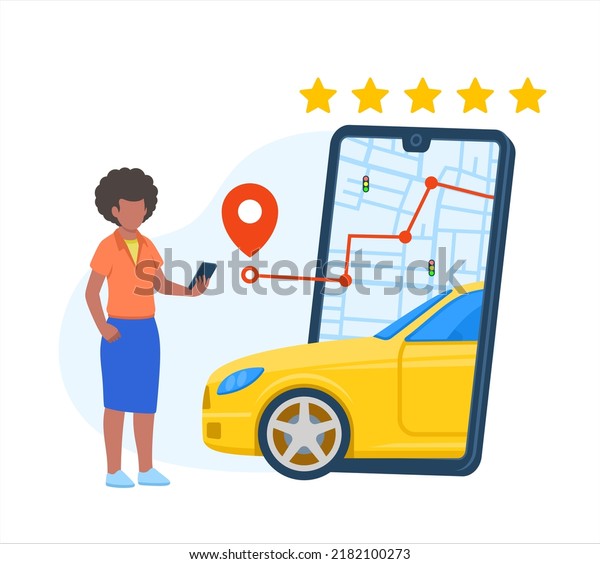 Afro black woman online taxi application\
service vector\
illustration