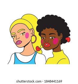 afro and blond girls couple fashion pop art style vector illustration design