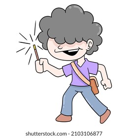 afro boy celebrando el año nuevo con fuegos artificiales, ilustración vectorial art. doodle ícono imagen kawaii.