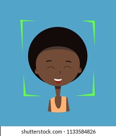 Afro boy use Facial recognition. Vector illustration of Cartoon boy.