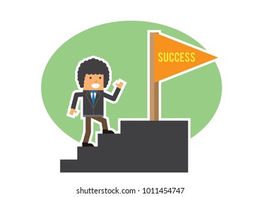 afro business man climbing stair to get success flag