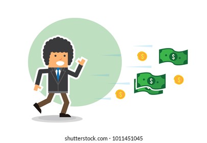 afro business man shock and running for dollar money and gold coin or salary