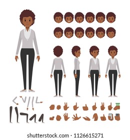 afro business woman character set. Full length. Different view, emotion, gesture.
