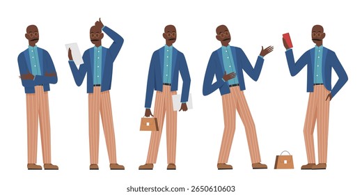 Empresário afro em diferentes poses profissionais em branco isolado vetor ilustração