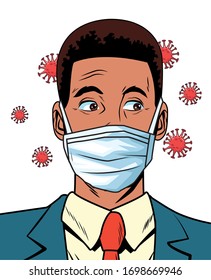 Afro-Geschäftsmann mit Gesichtsmaske und Covid19-Teilchen-Vektorillustration-Design