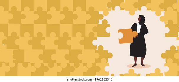 Afro businesswoman with a puzzle. Flat vector stock illustration. Afro woman as black people achievement concept. Puzzle element. Template with copy space. Vector graphics