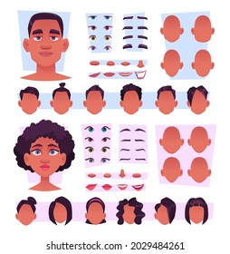 Personajes afroamericanos. Personas africanas elegantes kit de creación de avatares ojos grandes boca de nariz afro tono de piel negra plantillas de constructores vectoriales exactas